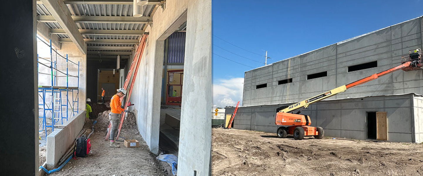 Left: Hallway of the gymnasium being constructed Right: Outside of the gymnasium construction in progress.