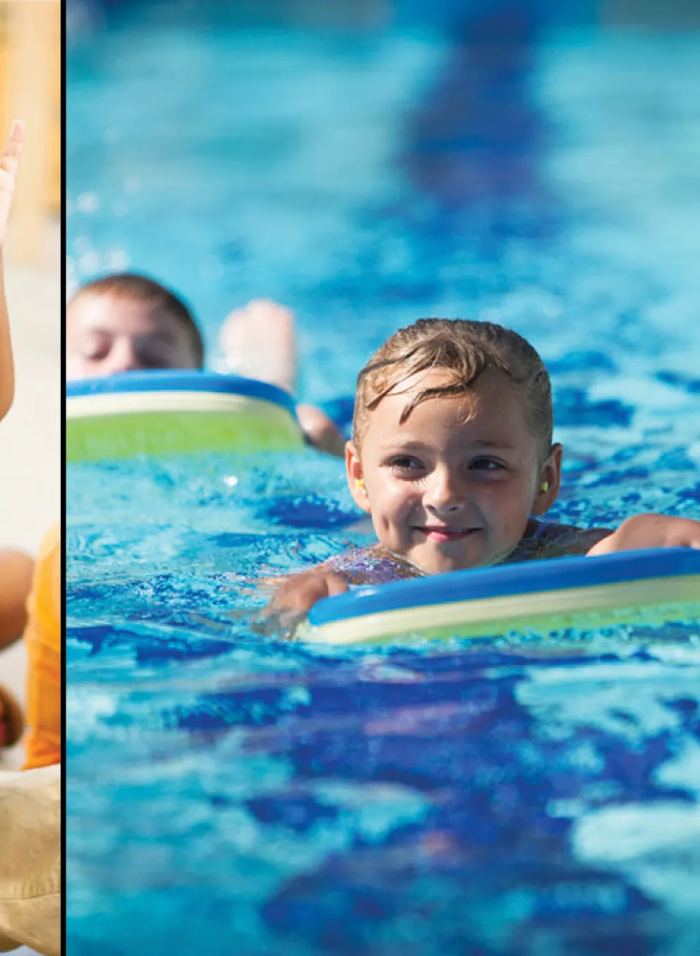 Combo photo in three vertical sections, left to right. Girl raising hand, smiling; girl swimming with kick board, senior age man on treadmill
