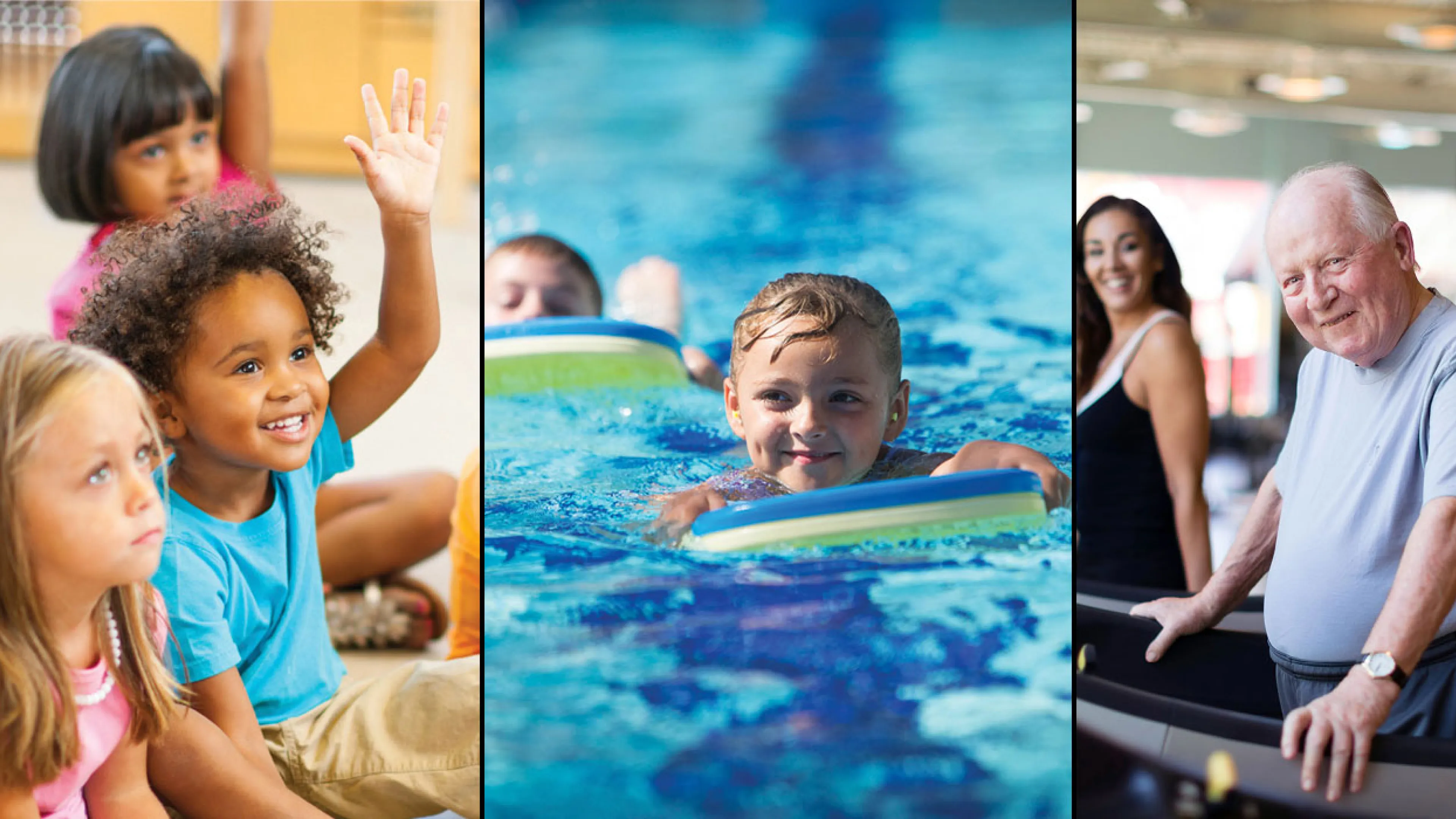 Combo photo in three vertical sections, left to right. Girl raising hand, smiling; girl swimming with kick board, senior age man on treadmill